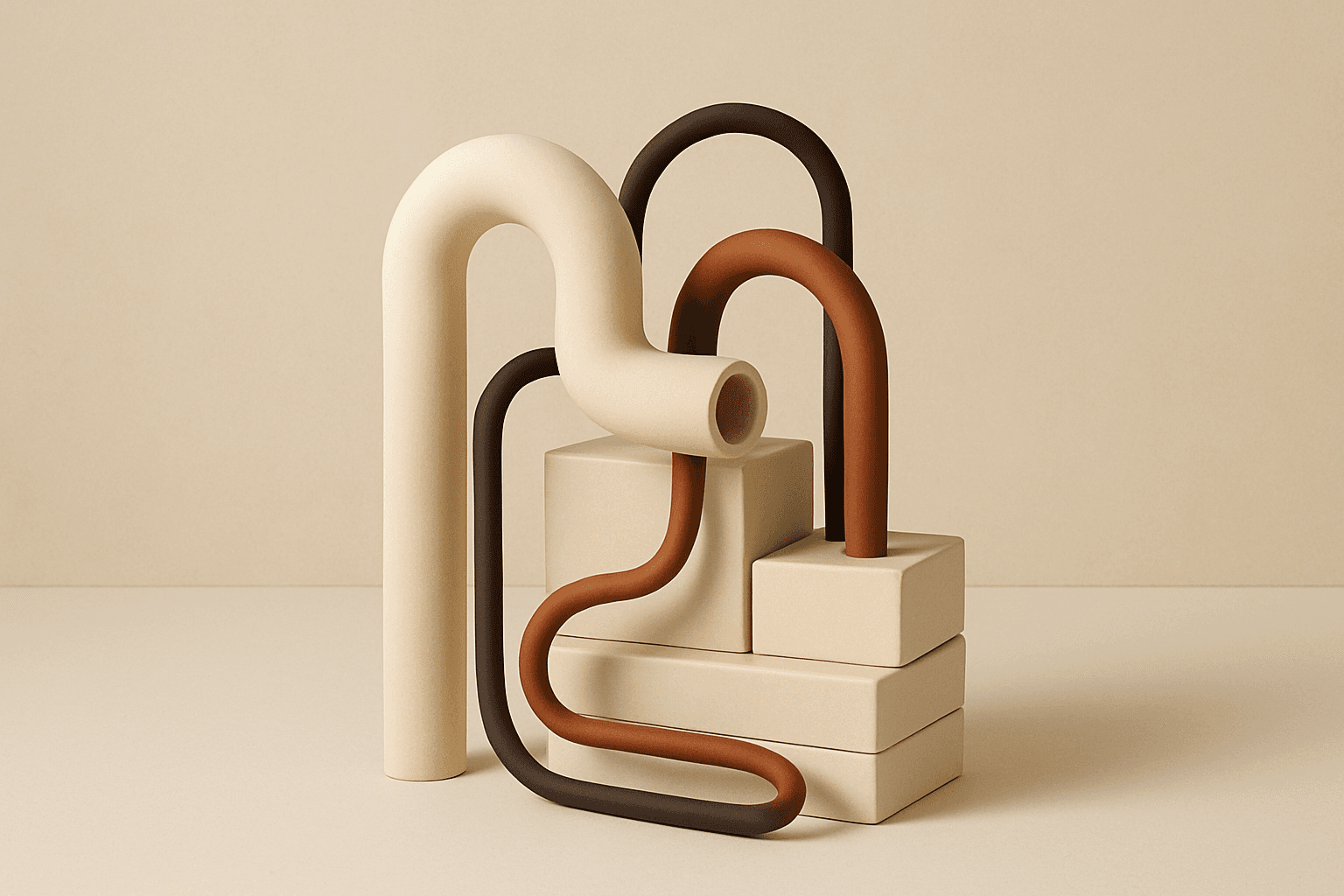 Abstract composition of interlocking geometric conduits representing backend infrastructure