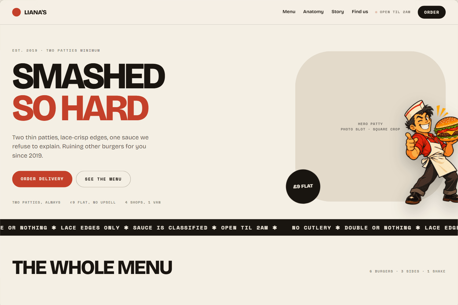 Liana's Burgers website hero: a smashed double patty burger under the headline 'Smashed so hard'