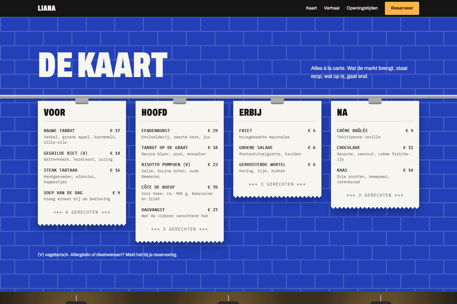 De kaart van de Liana Brasserie-site: voor, hoofd, erbij en na, met prijzen gedrukt op vier bonnen