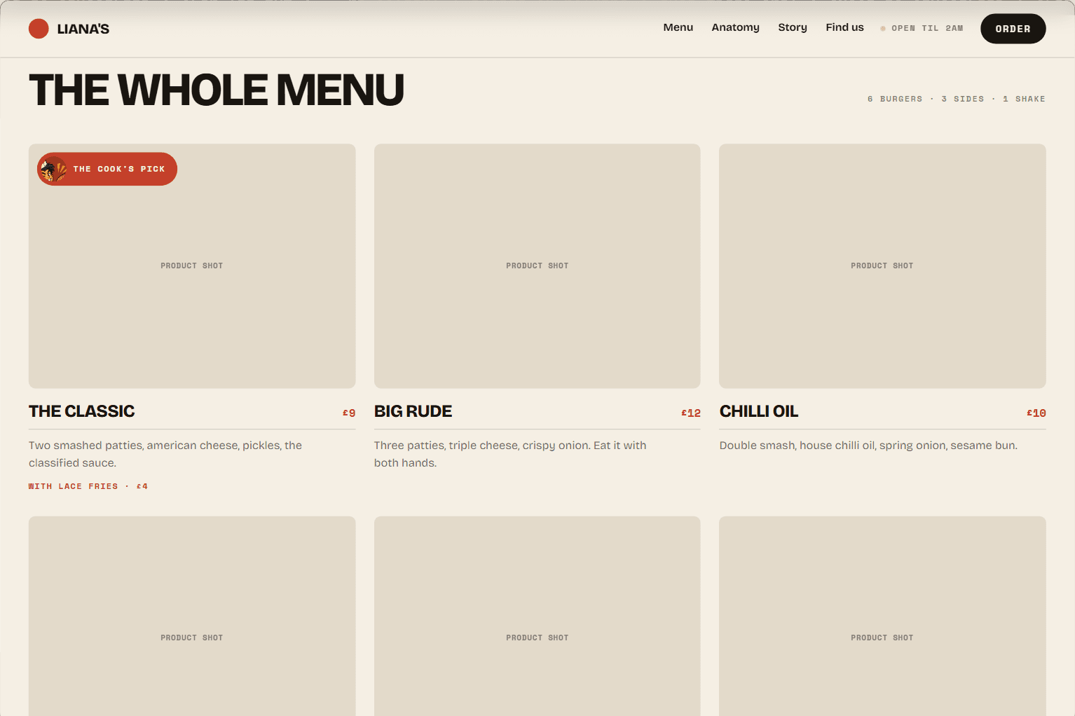 The whole menu section of the Liana's Burgers site, six burgers, sides and a shake with prices
