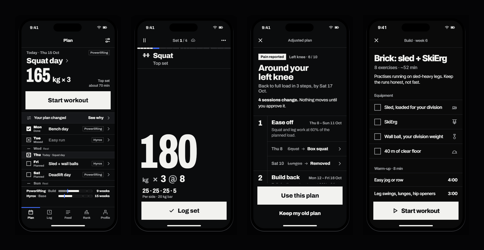 Vier schermen van de Roxy-app: plan, setlogger, planwijziging en start van de training