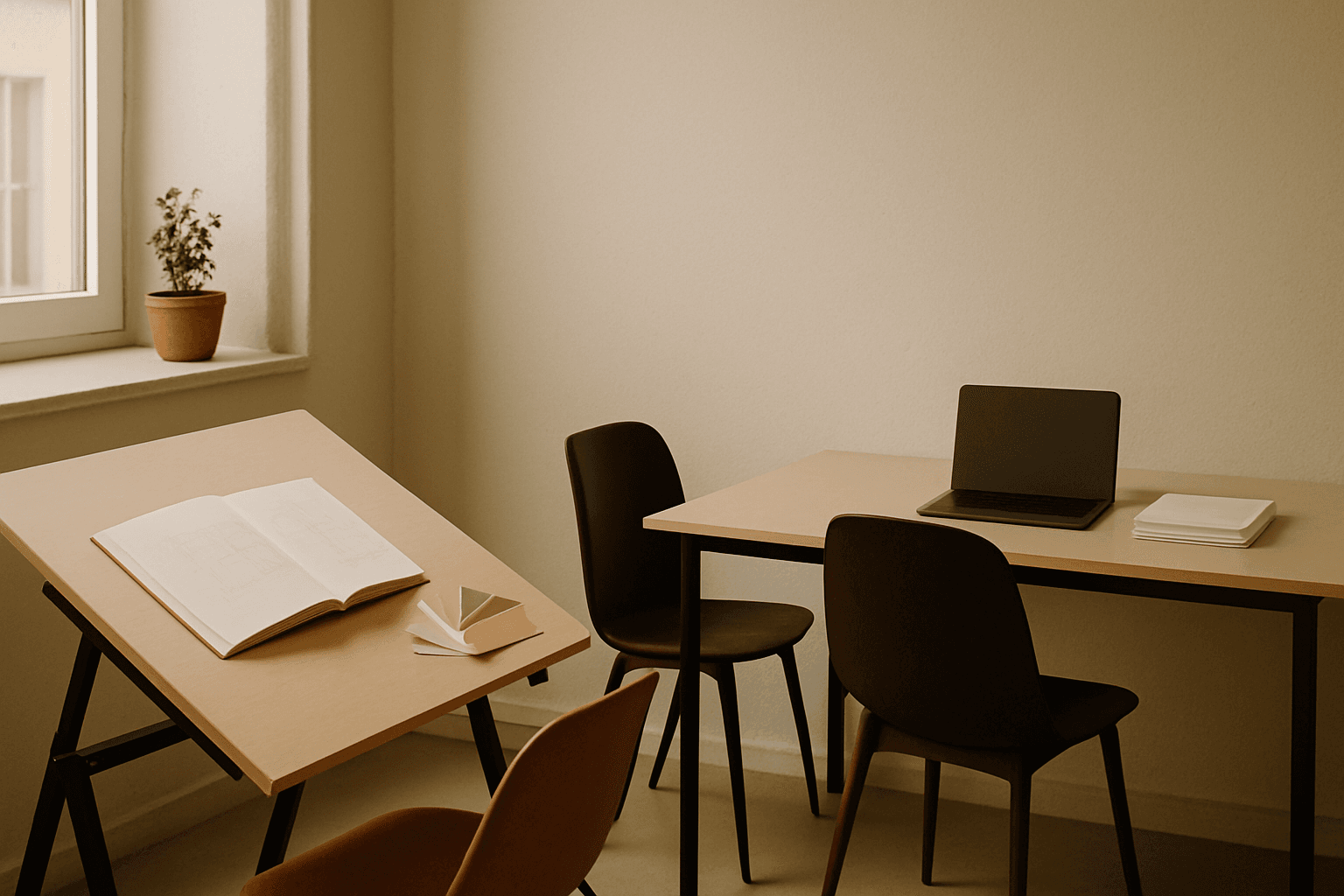 Photograph of a small design studio interior with a drafting table and a desk under natural light